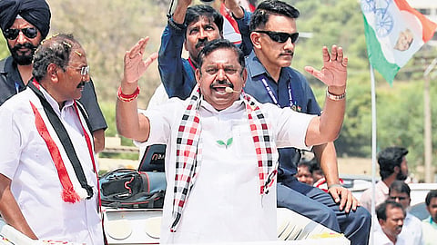 In this image from April 20, 2026, AIADMK general secretary Edappadi K Palaniswami is seen during campaigning in Tiruchengode. 