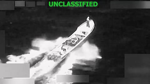 FILE - This image from video provided by U.S. South Command, shows a vessel accused of trafficking drugs in the eastern Pacific Ocean shortly before it was destroyed by the U.S. military, killing two and injuring one, on Jan. 23, 2026. 
