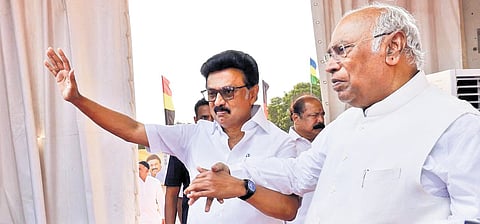 CM M K Stalin and INC chief Mallikarjun Kharge during a campaign meet in Hosur on Sunday.
