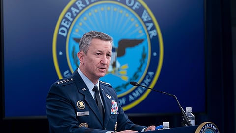 Chairman of the Joint Chiefs of Staff Gen. Dan Caine speaks to members of the media during a press briefing at the Pentagon, Thursday, April 16, 2026 in Washington. 