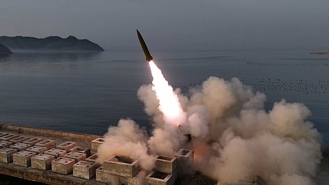 This photo provided by the North Korean government shows what it says is a test launch of an upgraded surface-to-surface ballistic missile at an undisclosed place in North Korea on Sunday, April 19, 2026. 