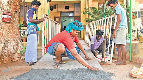 Ramp getting ready for Wheel-Chair movement at Seva Sangam Girls School in Tiruchy on Tuesday. 