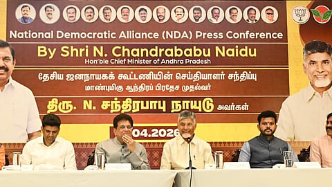 CM Nara Chandrababu Naidu addressing the media in support of NDA contestants in Chennai on Tuesday. 