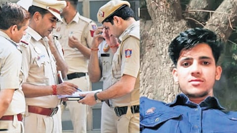 Investigators outside the crime scene in Kailash HIlls (L) the accused Rahul Meena 
