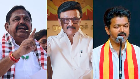 From left: AIADMK leader Edappadi K Palaniswami, DMK's CM MK Stalin, TVK chief Vijay.