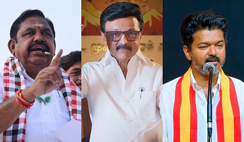 From left: AIADMK leader Edappadi K Palaniswami, DMK's CM MK Stalin, TVK chief Vijay.