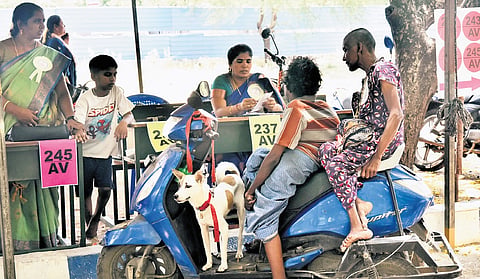 So special an outing: The dog has no part to play in the poll process, but the disabled voters took him along when they came to vote at  Dr Ambedkar Government Arts College in Vyasarpadi.