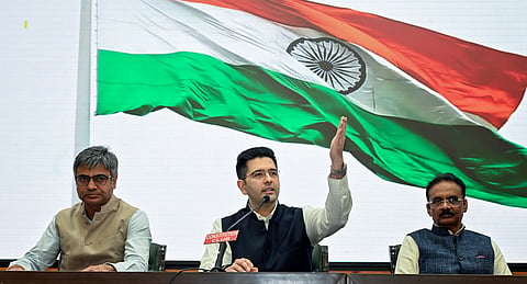 AAP MPs Raghav Chadha, Sandeep Pathak, and Ashok Mittal during a press conference, at Constitution Club.