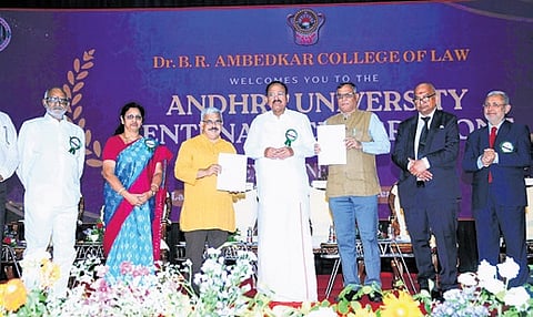 
Former Vice-President M Venkaiah Naidu at the AU Convention Centre during the Law College centenary event in Visakhapatnam on Thursday. 