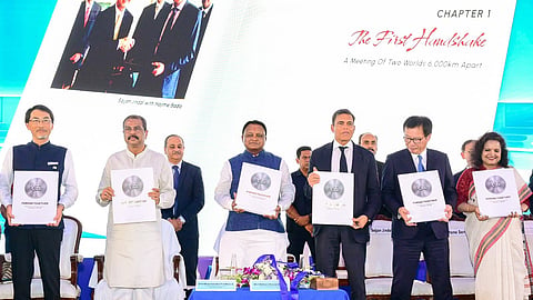 Chief Minister Mohan Charan Majhi and Union Minister Dharmendra Pradhan attend foundation-laying ceremony of joint venture between JSW Steel and JFE Steel (Japan) in Rengali, Sambalpur on Friday. 