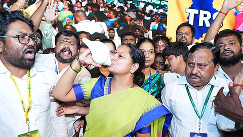 K Kavitha at the launch of a new political party, the Telangana Rashtra Sena
