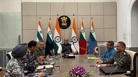 Defence Minister Rajnath Singh with Chief of Defence Staff Gen Anil Chauhan, Army Chief Gen Upendra Dwivedi, Navy Chief Adm Dinesh K Tripathi, Air Chief Marshal A P Singh and Defence Secretary Rajesh Kumar Singh.