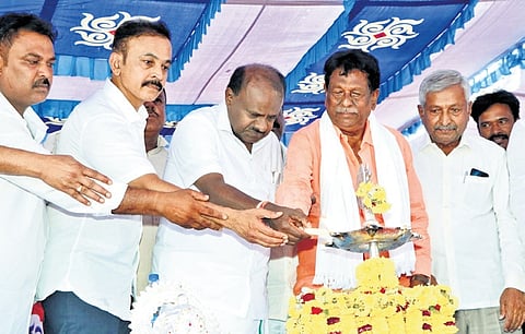 Union Minister HD Kumaraswamy at the consecration ceremony of Sri Adishakti Kalaghatta Devi Temple in Soravanahalli of Tumakuru district on Sunday  