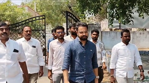 YSRCP social media in-charges Sajjala Bhargav Reddy appears for enquiry in front of DSP Murali Naik in Pulivendula on Saturday. 