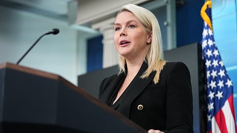 White House press secretary Karoline Leavitt speaks during a press briefing at the White House in Washington, Monday, April 27, 2026. 
