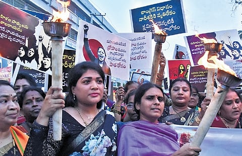 BJP women wing took out a torch rally against congress for opposing women’s bill, in Vijayawada 