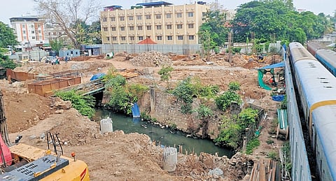 Construction work under way near the Amayizhanchan Canal, which passes through the premises of Thiruvananthapuram Central Railway Station 