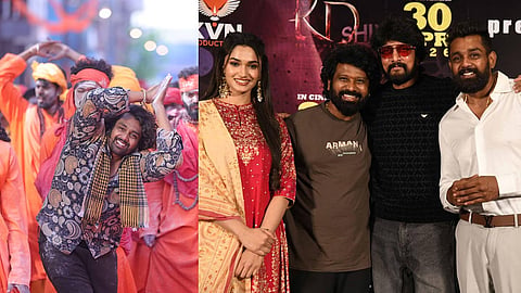A still from KD: The Devil (L) and Kichcha Sudeep with the team of KD