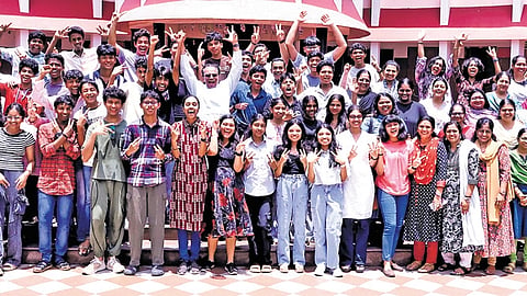 Students celebrating at Christ Nagar Central School at Kowdiar after the ICSE, ISC examinations results were announced on Thursday  | Express 