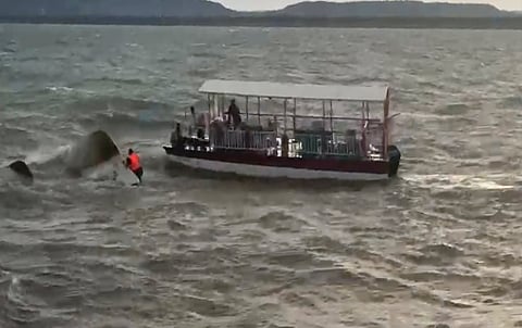 A cruise boat with at least 30 passengers overturns in the Bargi river, in Jabalpur district, Madhya Pradesh, Thursday, April 30, 2026. 
