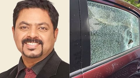 Composer James Vasanthan (L) and his vandalised car.