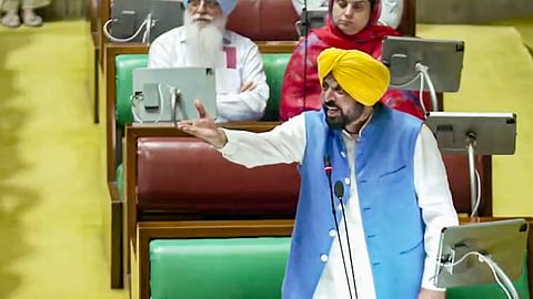  In this screengrab from a video posted on May 1, 2026, Punjab Chief Minister Bhagwant Mann speaks during a state Assembly special session, in Chandigarh.