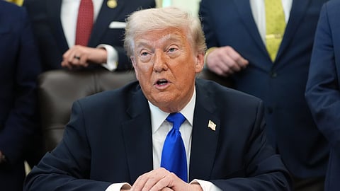 President Donald Trump speaks before signing an executive order regarding retirement savings in the Oval Office of the White House, Thursday, April 30, 2026, in Washington.
