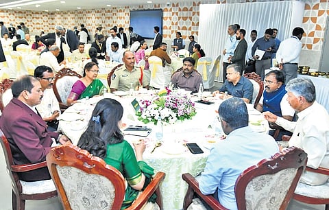 CM Chandrababu Naidu addressing a review meeting on education sector at the Secretariat on Thursday. (R) Naidu at a dinner hosted by him for Ministers, Secretaries and HoDs at the CRDA office in Amaravati.