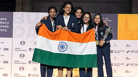 Indian chess prodigies (L-R) R Vaishali, D Harika, Tania Sachdev, Vantika Agrawal and Divya Deshmukh after bagging gold at the 45th Chess Olympiad in 2024