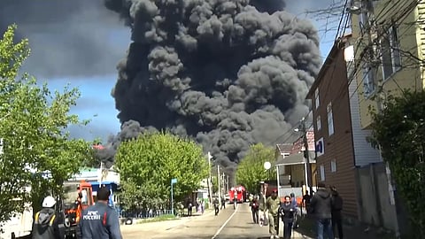 In this image taken from video released by Krasnodar regional governor Veniamin Kondratyev's Telegram channel, smoke rises after a drone attack on the oil refinery and terminal in Tuapse, Russia, Wednesday, April 29, 2026.