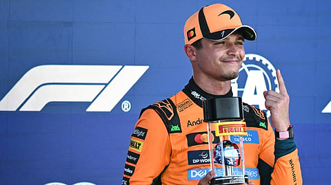 McLaren's British driver Lando Norris holds his Pirelli Sprint Pole award after winning the pole position during Sprint qualifying ahead of the 2026 Miami Formula One Grand Prix at Miami International Autodrome in Miami Gardens, Florida, on May 1, 2026.