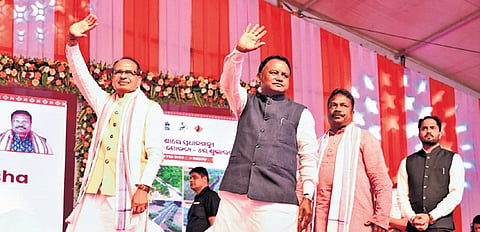 Union minister Shivraj Singh Chouhan, CM Mohan Charan Majhi and RD & Panchayati Raj minister Rabi Narayan Naik during the launch in Rayagada on Friday
