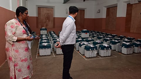 Officials in the strong room at the counting centre in Mar Ivanious Vidhyanagar in Thiruvananthapuram on Monday.
