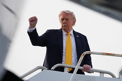 President Donald Trump board Air Force One at Palm Beach International Airport in West Palm Beach, Fla., Saturday May 2, 2026, en route Miami. 