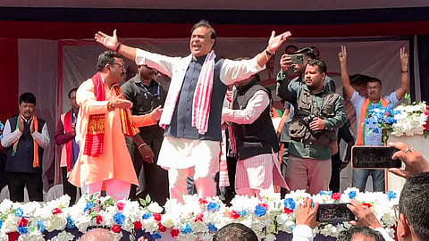 Assam Chief Minister Himanta Biswa Sarma during a public meeting in Jorhat.