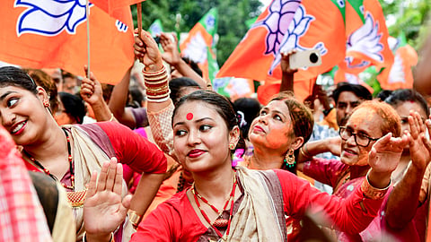 BJP workers celebrate after results are declared for the Assembly elections in West Bengal on May 4, 2026.  