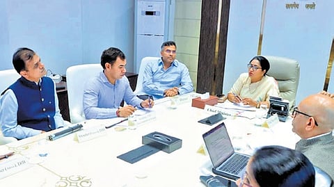 Delhi CM Rekha Gupta chairing a high level meeting.