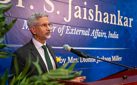 In this image posted on May 5, 2026, External Affairs Minister S Jaishankar addresses the gathering during his visit to the University of the West Indies, in Kingston.