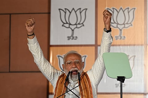 Prime Minister Narendra Modi addresses BJP workers during an event celebrating the party's performance in Assembly election results across four states and one union territory, at the party headquarters in New Delhi, Monday, May 4, 2026.