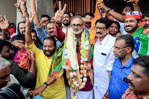  BJP Kerala President and candidate from Nemom Assembly constituency, Rajeev Chandrasekhar, celebrates during vote tabulation on the day of state Assembly election results, in Thiruvananthapuram, Monday, May 4, 2026.