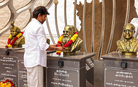 In this image received on May 5, 2026, Tamilaga Vettri Kazhagam (TVK) chief Vijay pays tribute to the party's ideological leaders ahead of the party meeting, at party headquarters, in Chennai.