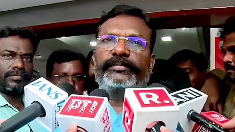 VCK chief Thol Thirumavalavan talking to the media on Tuesday.