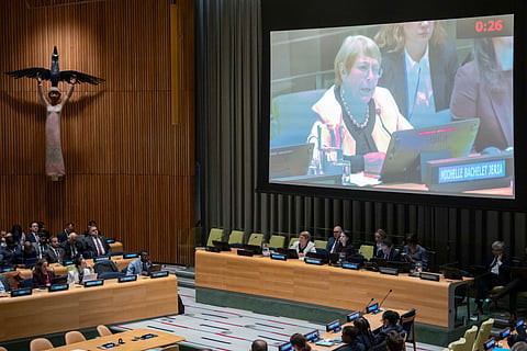 Michelle Bachelet, former Chilean president and a candidate for United Nations secretary-general, speaks during an informal dialogue at U.N. headquarters, Tuesday, April 21, 2026. 
