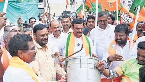 BJP state president PVN Madhav along with the party leaders and cadre taking out a rally to celebrate party’s victory in three States, on Tuesday.