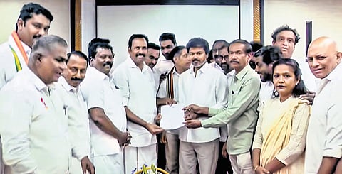 AICC Tamil Nadu in-charge Girish Chodankar, TNCC preasident K Selvaperunthagai, Legislative party leader S Rajesh Kumar and party office-bearer Praveen Chakravarthy, called on Vijay at TVK office at Panaiyur on Wednesday.