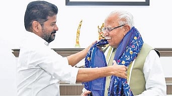 Chief Minister A Revanth Reddy calls on Union Minister for Urban Affairs Manohar Lal Khattar in New Delhi on Wednesday