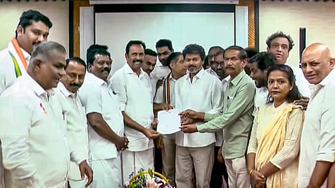 Tamilaga Vettri Kazhagam (TVK) chief Vijay receives a letter of support from Tamil Nadu Congress Committee leaders for government formation, in Chennai. 