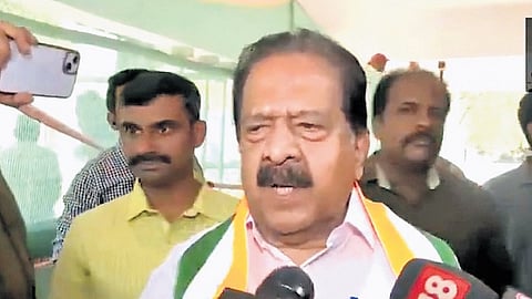 Senior Congress leader Ramesh Chennithala after meeting Congress leaders Mallikarjun Kharge and Rahul Gandhi in Delhi on Wednesday.