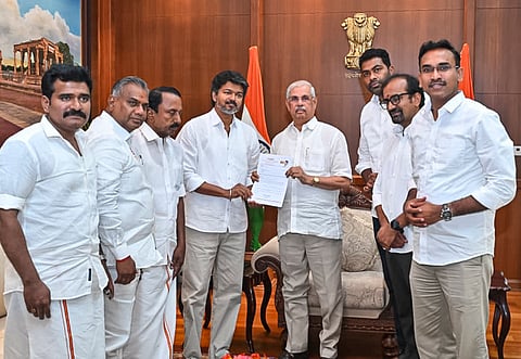 Tamil Nadu Governor Rajendra Arlekar with Tamilaga Vettri Kazhagam (TVK) chief Vijay during a meeting, at Lok Bhavan, in Chennai, Wednesday, May 6, 2026. 