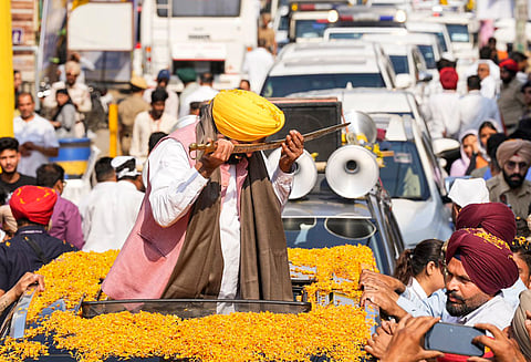 In this image posted on May 6, 2026, Punjab CM Bhagwant Mann during the 'Shukrana Yatra', marking the enactment of Jaagat Jot Sri Guru Granth Sahib Satkar (Amendment) Act, 2026, in Kapurthala. 